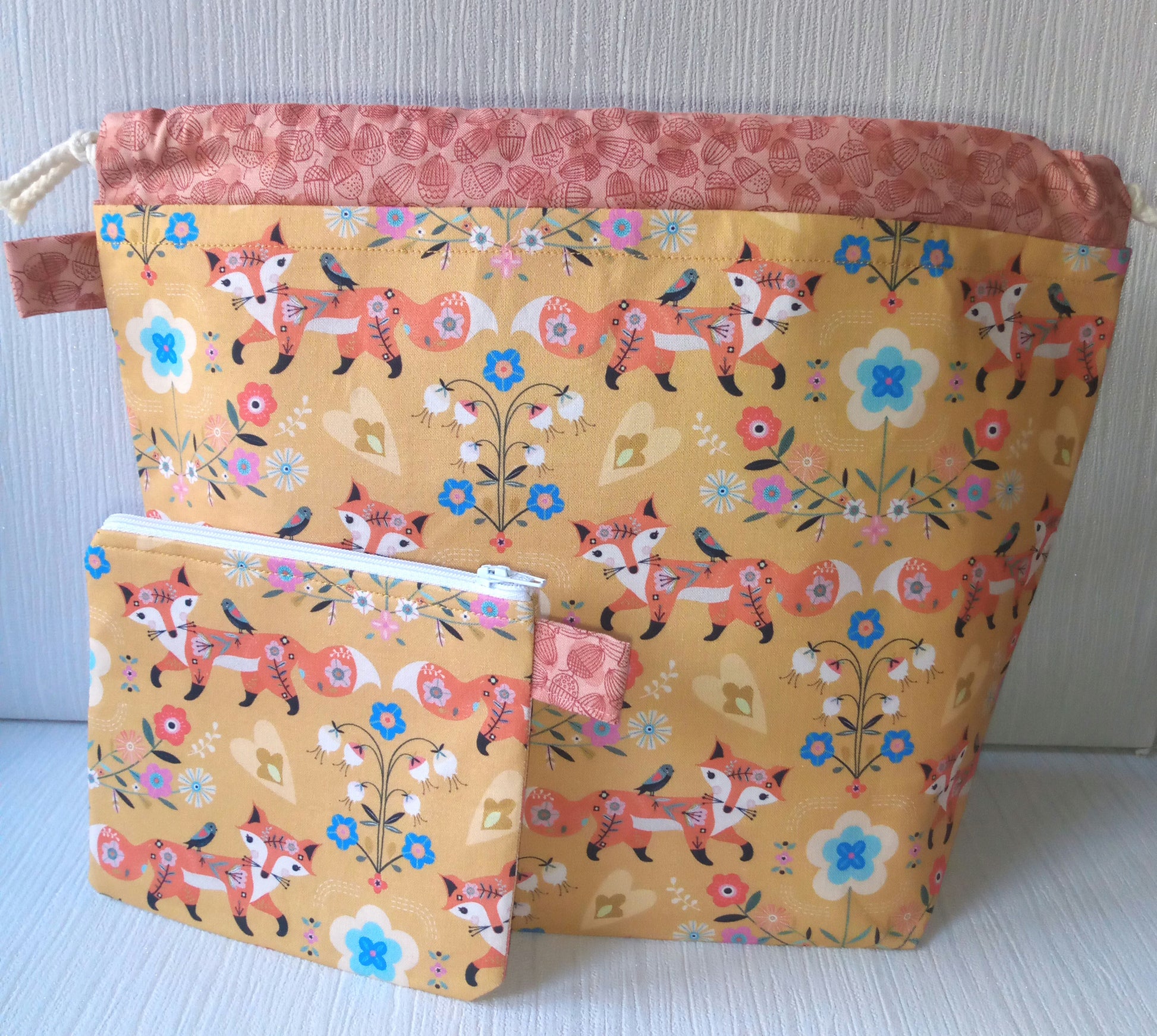 Fox  print drawstring knitting/Crochet project bag with Notion image 0