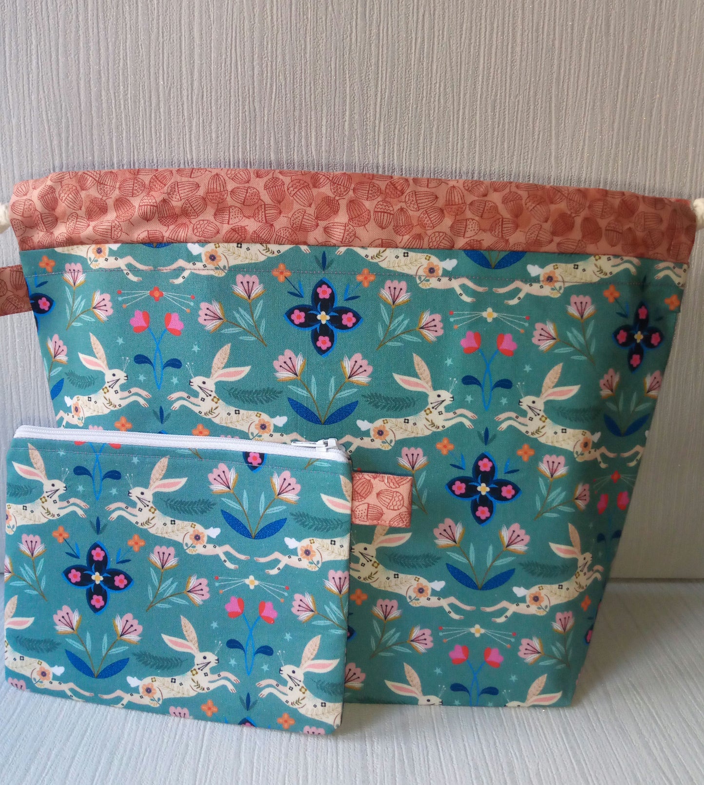 Rabbit print drawstring knitting/Crochet project bag with Notions pouch.  image 0