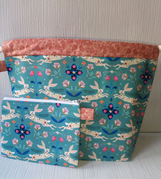 Rabbit print drawstring knitting/Crochet project bag with Notions pouch.  image 0